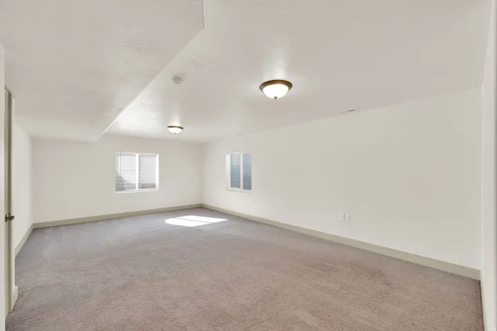 Spacious room with light gray carpeting, neutral wall finishes, two windows with blinds, and flush-mount ceiling lighting
