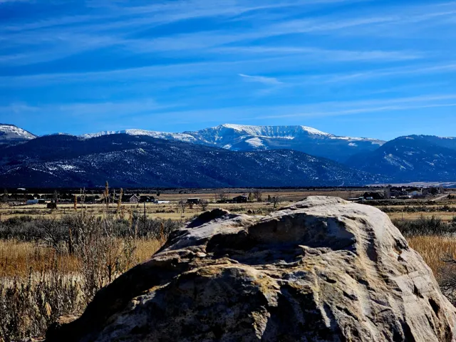 Expansive natural landscape with distant snow-capped mountains under a clear sky