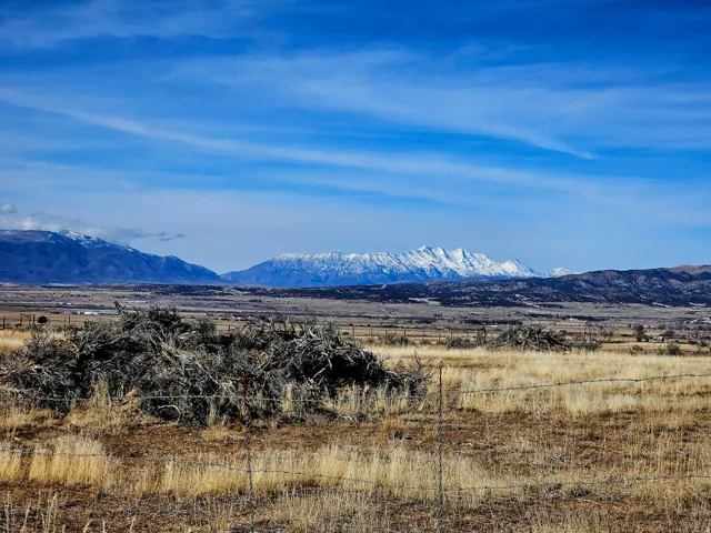 Expansive open landscape featuring a wire fence, dry grasses, and distant snow-capped mountains