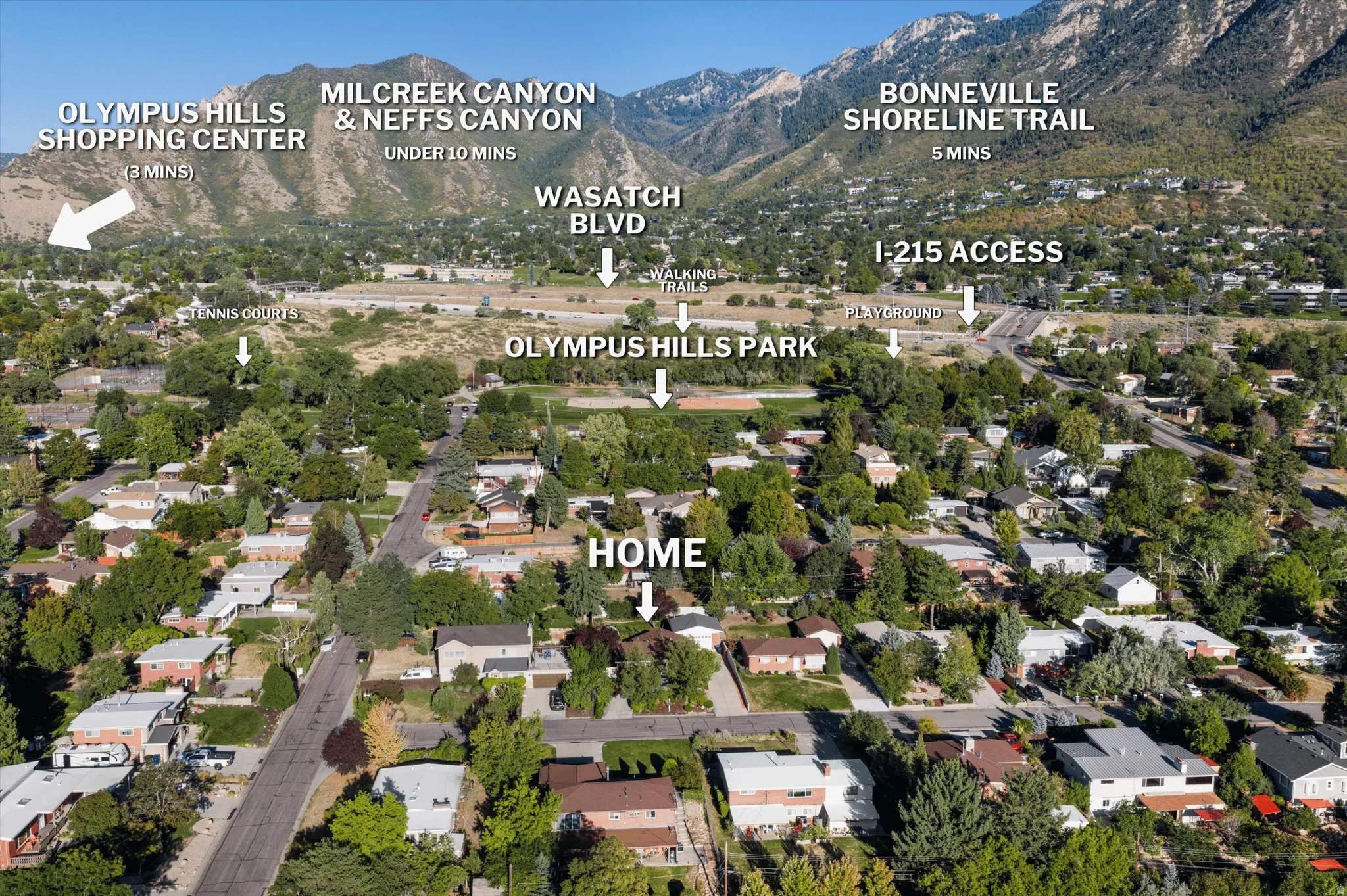 Neighborhood setting with mountain backdrops, residential streets, and mature trees
