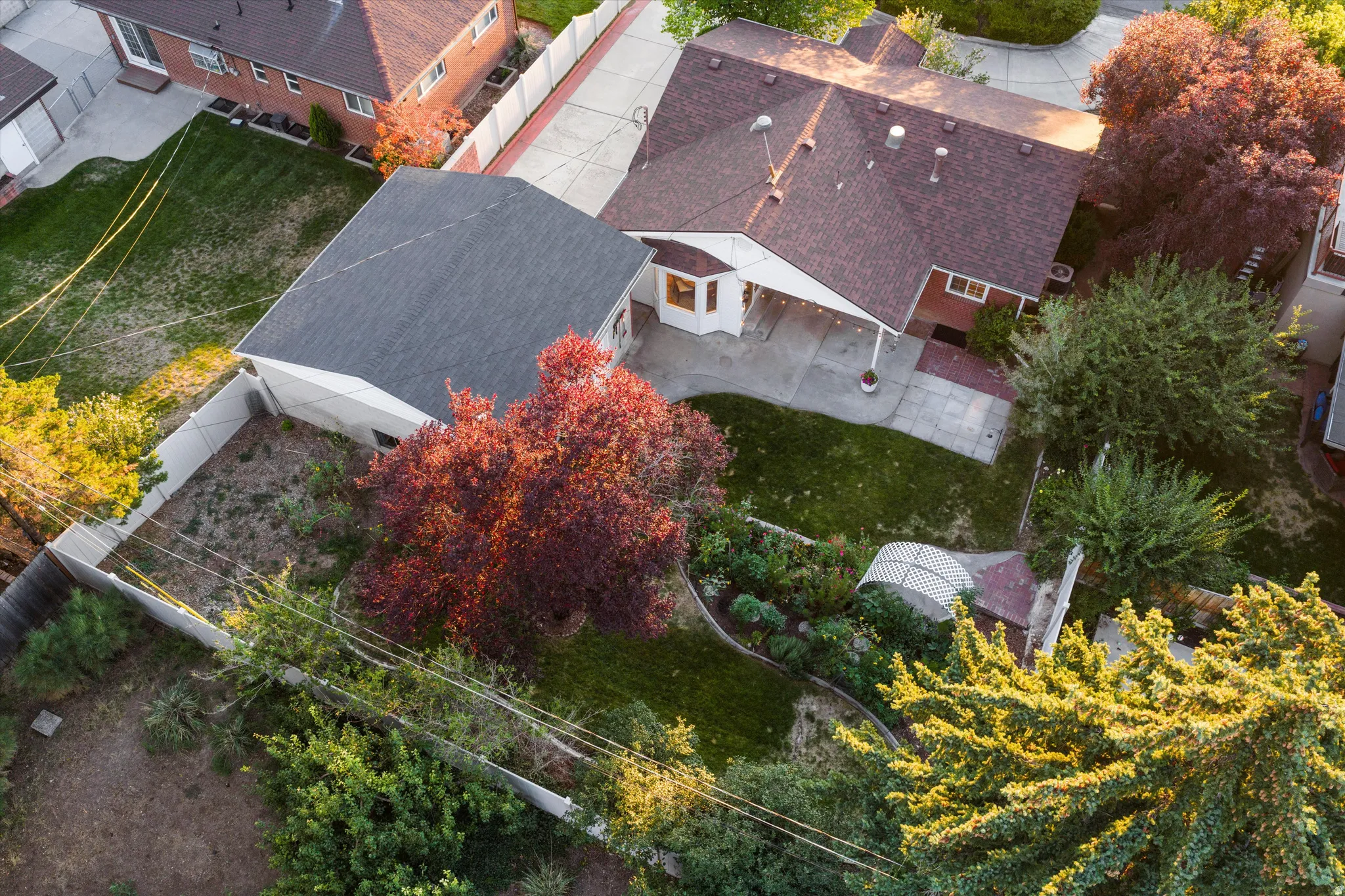 Expansive lot featuring mature trees, a manicured lawn, and a paved patio area