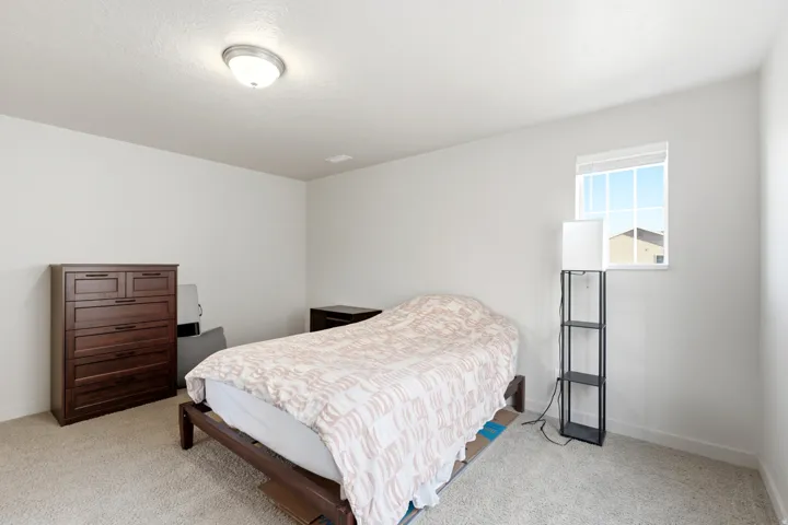 Carpeted flooring, window with blinds, and flush mount ceiling light
