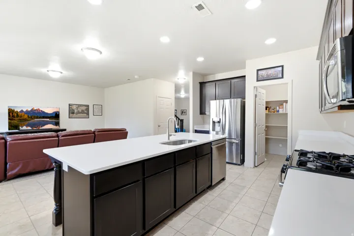Kitchen featuring an island with a built-in sink, stainless steel appliances, dark wood-finish cabinetry, and a pantry with shelving