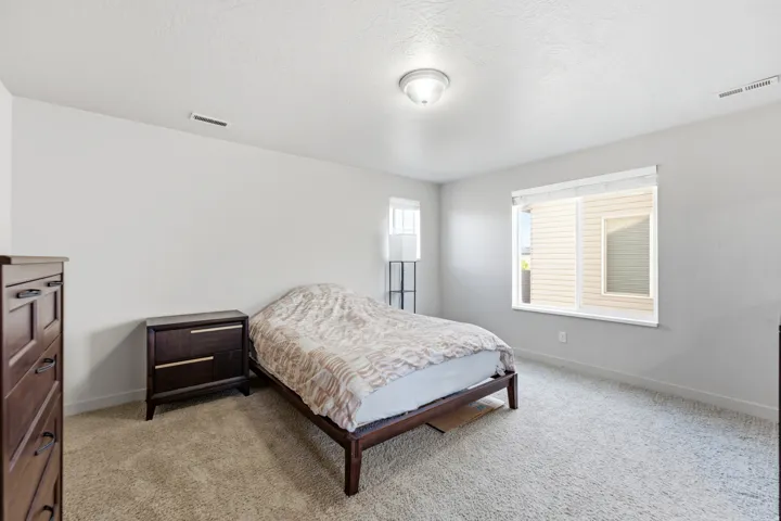 Neutral wall paint, carpet flooring, a ceiling-mounted light fixture, and two windows with blinds