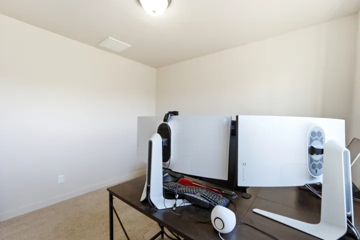 Neutral wall paint, carpet flooring, and a flush-mount ceiling light fixture