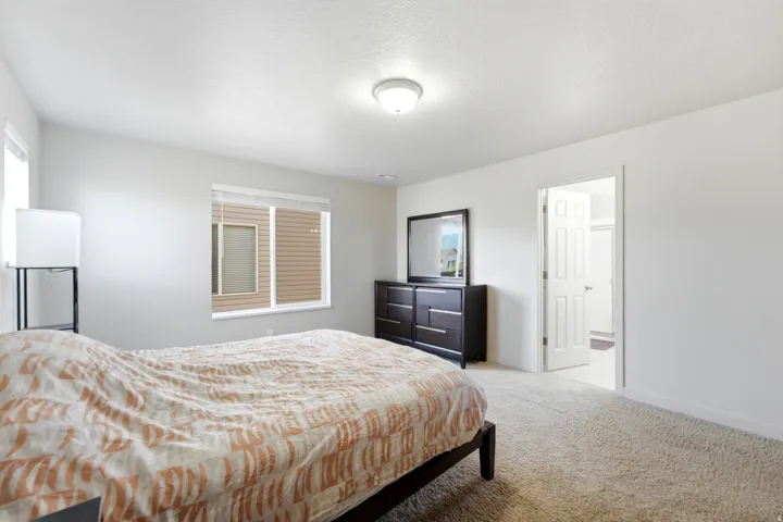 Neutral wall paint, textured carpet flooring, ceiling-mounted light fixture, and a white interior door