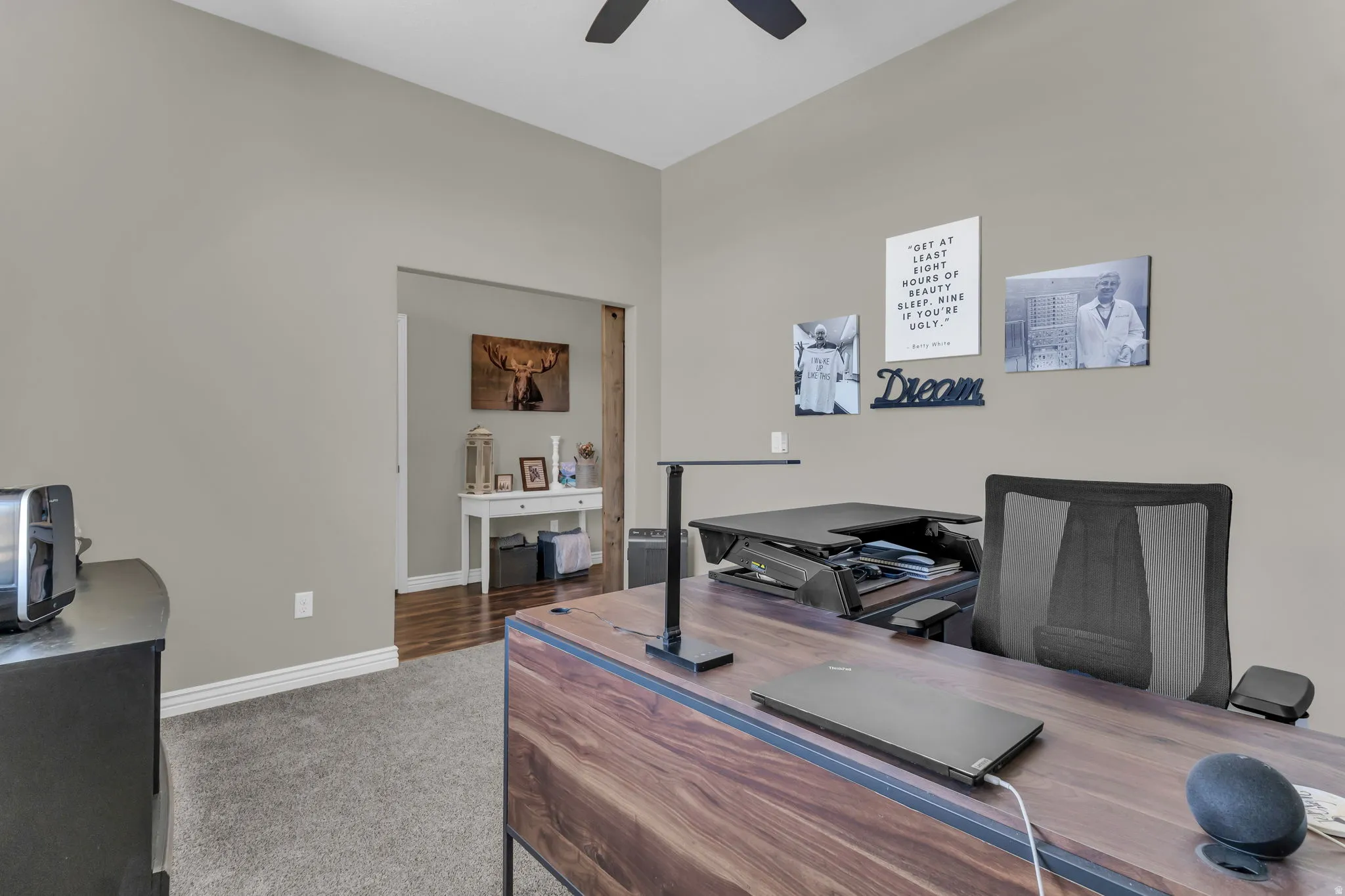Recessed lighting, wood-finish flooring, and a ceiling fan