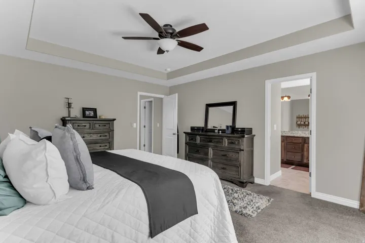 Tray ceiling with ceiling fan, neutral wall tones, and carpeted flooring