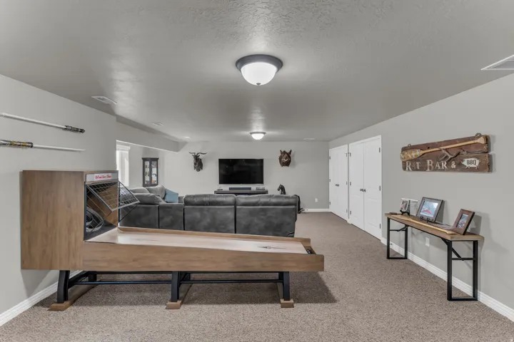Recessed lighting, neutral wall paint, and durable carpeting