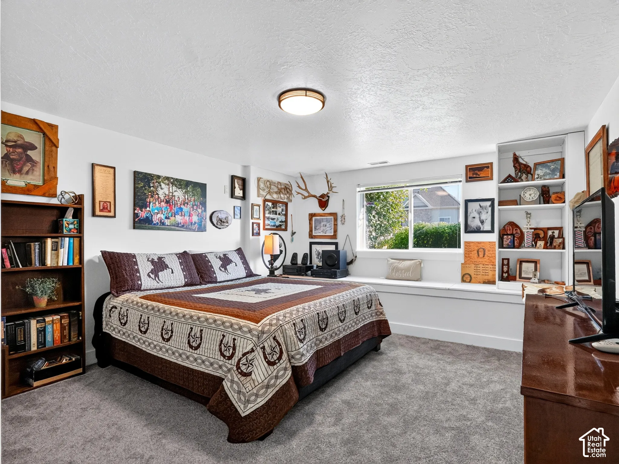 White walls, built-in shelving, a large window, a window seat, and carpeted flooring