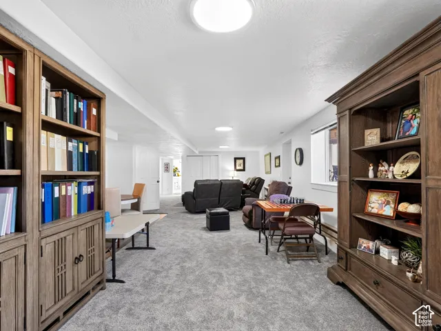 Spacious room with light gray carpeting, recessed ceiling lighting, and built-in wood-finish shelving