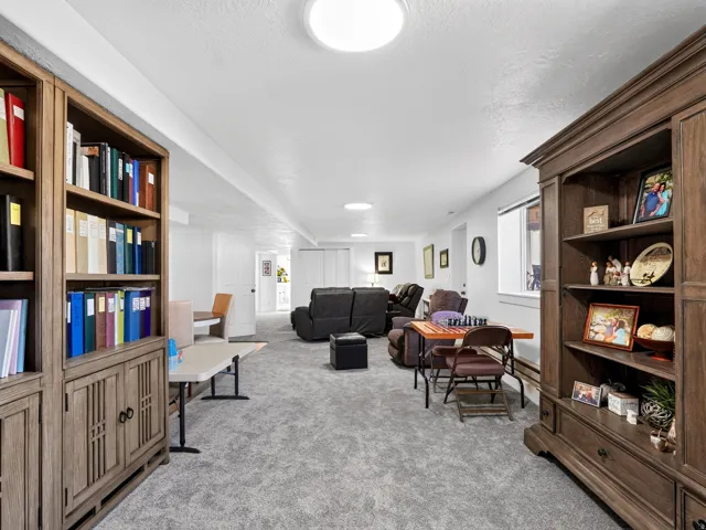 Spacious room with light gray carpeting, recessed ceiling lighting, and built-in wood-finish shelving