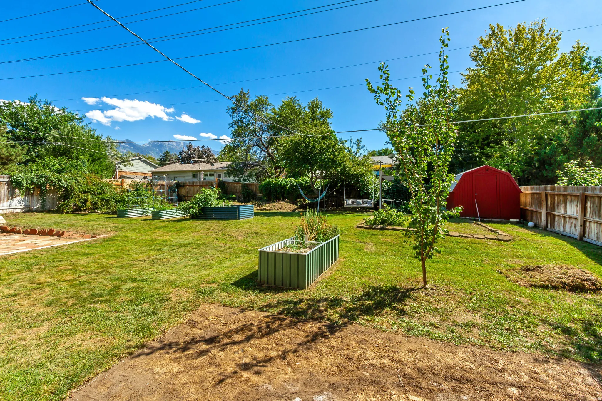 Expansive backyard featuring a red storage shed, multiple raised garden beds, a young tree, and wood privacy fencing