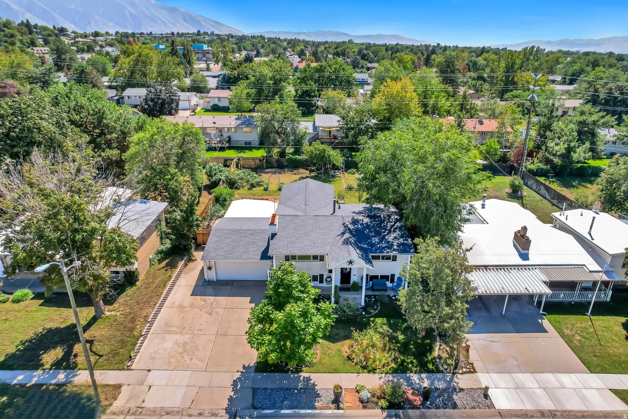 Expansive driveway, mature trees, and a well-maintained roof