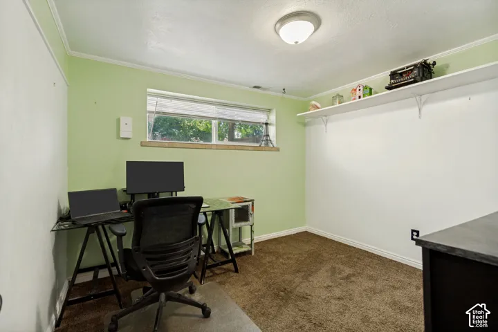 Recessed lighting, crown molding, built-in shelving, window with natural light, and carpeted flooring