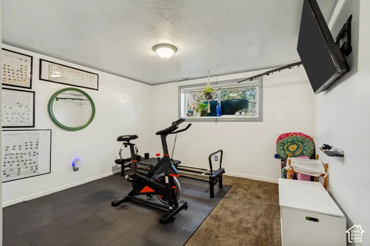 Recessed window with exterior visibility, ceiling-mounted lighting, wall-mounted television bracket, a combination of carpet and interlocking floor tiles