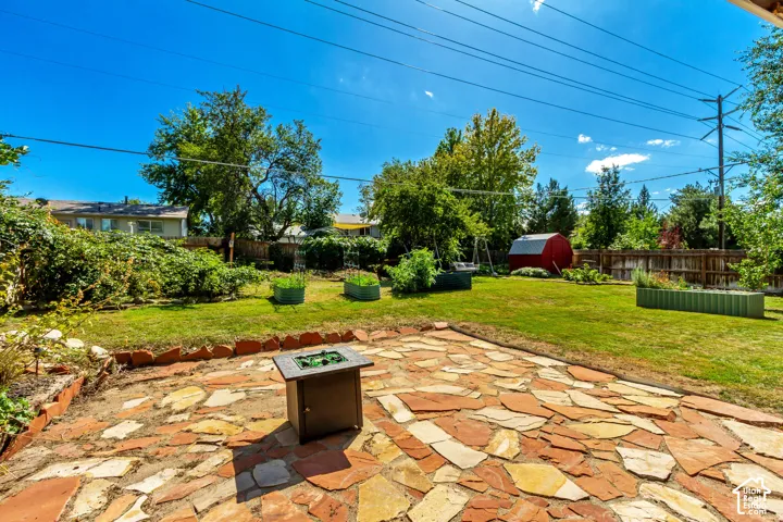 Expansive flagstone patio with a built-in fire pit, surrounded by a manicured lawn and raised garden beds