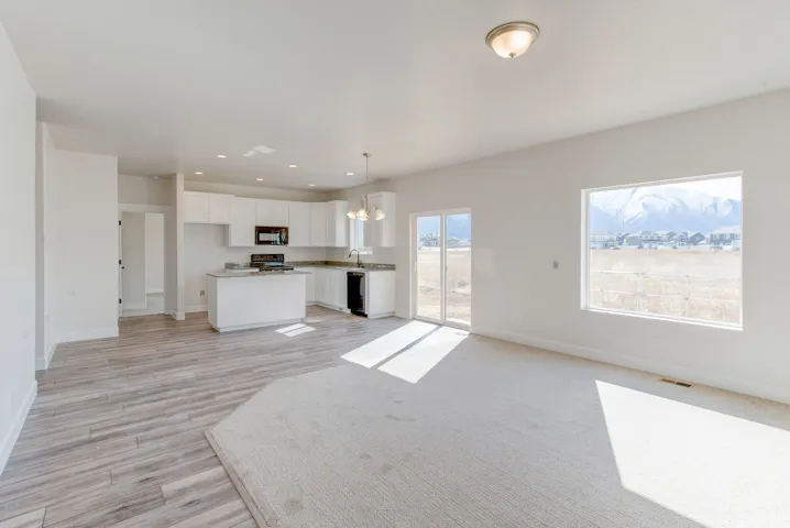 Open-concept living area with wood-finish flooring, plush carpeting, and white walls