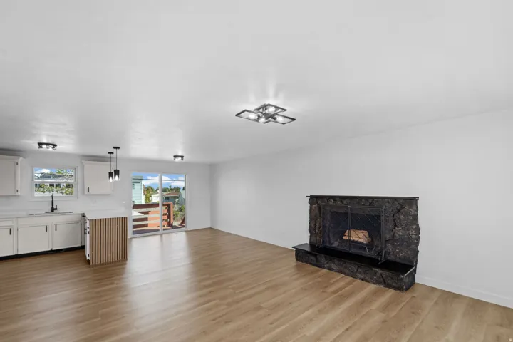 Wood-finish flooring, stone-clad fireplace with hearth, built-in kitchen cabinetry, sliding glass door to exterior, and modern ceiling light fixtures