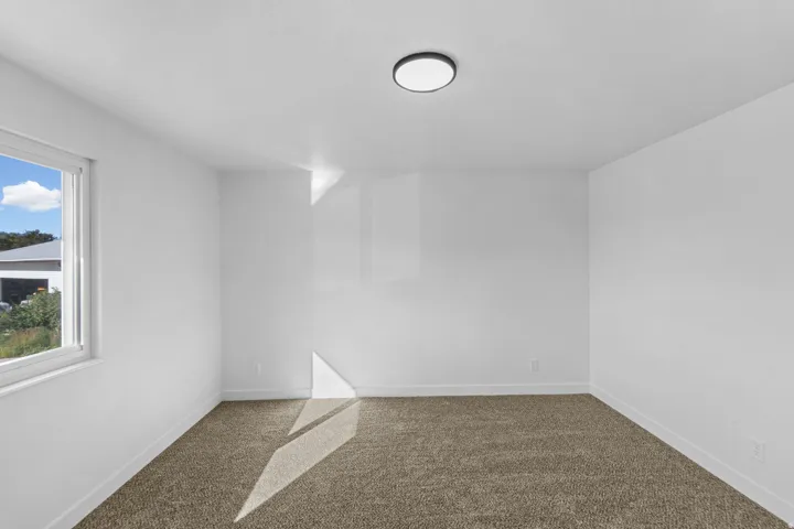 Neutral tone wall color, plush carpet flooring, recessed window, and flush mount ceiling light