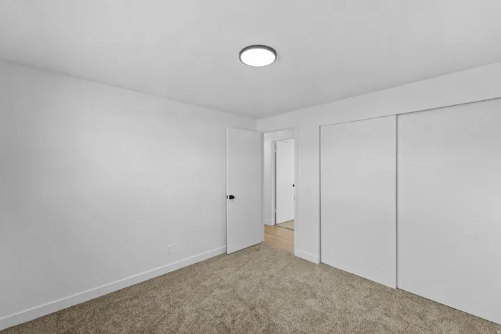 Wall-to-wall carpeting, flush-mount ceiling light, white interior doors, and sliding closet doors