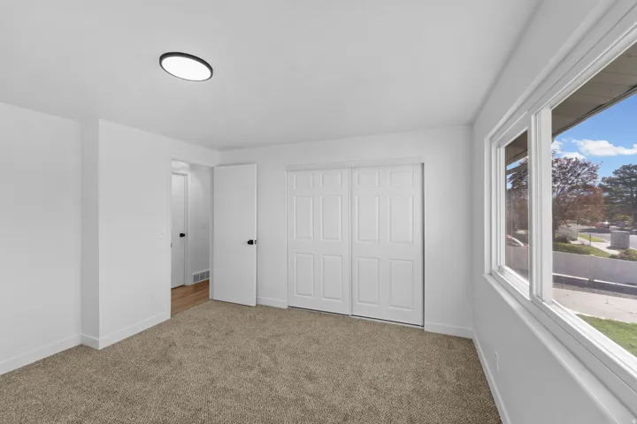Plush carpeting, a large window, a ceiling-mounted light fixture, white walls, and bi-fold closet doors