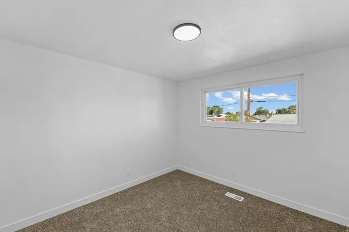 Neutral wall finishes, carpeted flooring, and a flush-mount ceiling light fixture