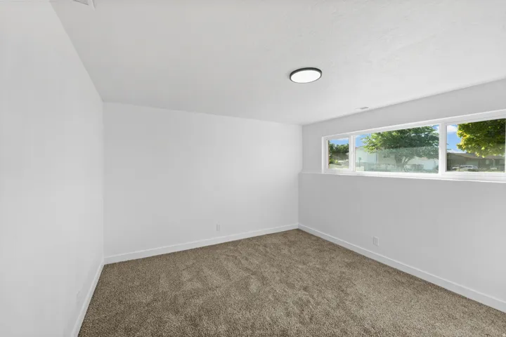 Recessed window with multiple panes, neutral wall finishes, flush mount ceiling light, and carpeted flooring