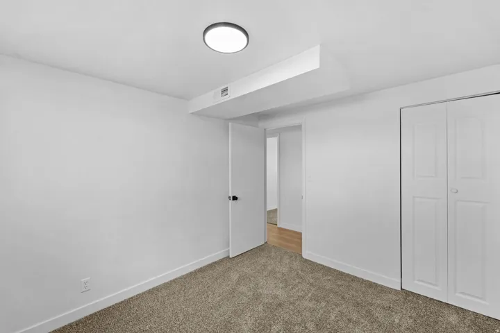Neutral-toned carpeting, white walls, and a contemporary ceiling light fixture