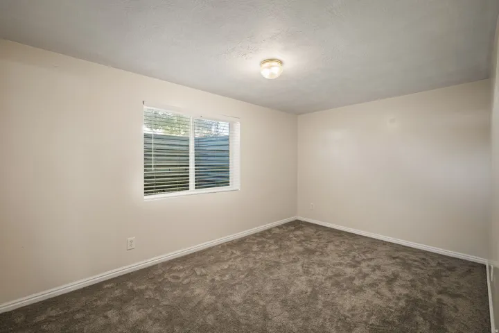 Neutral wall color, window with blinds, flush mount ceiling light, and carpeted flooring