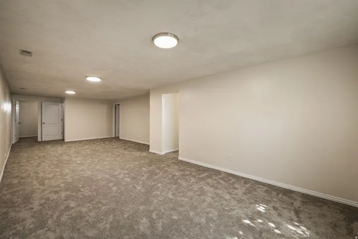 Spacious room featuring neutral carpeting, light-colored walls, and multiple flush-mount ceiling lights