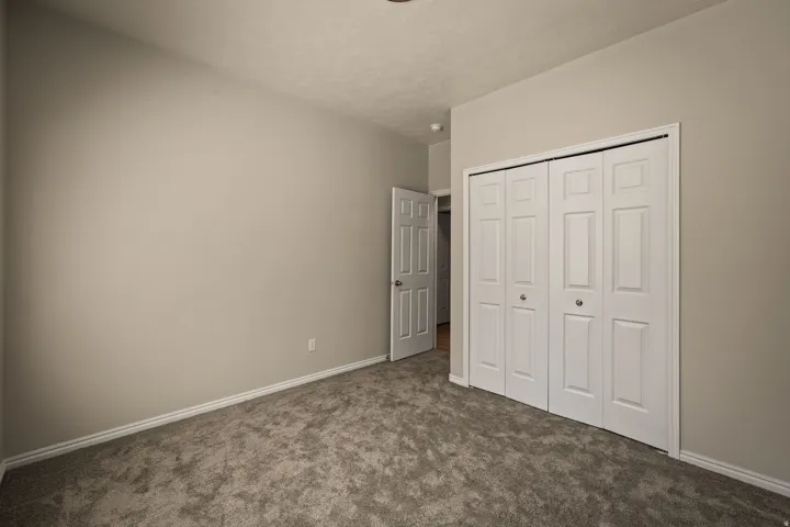 Neutral tone wall paint, textured ceiling, bi-fold closet doors, white trim, and gray carpeting