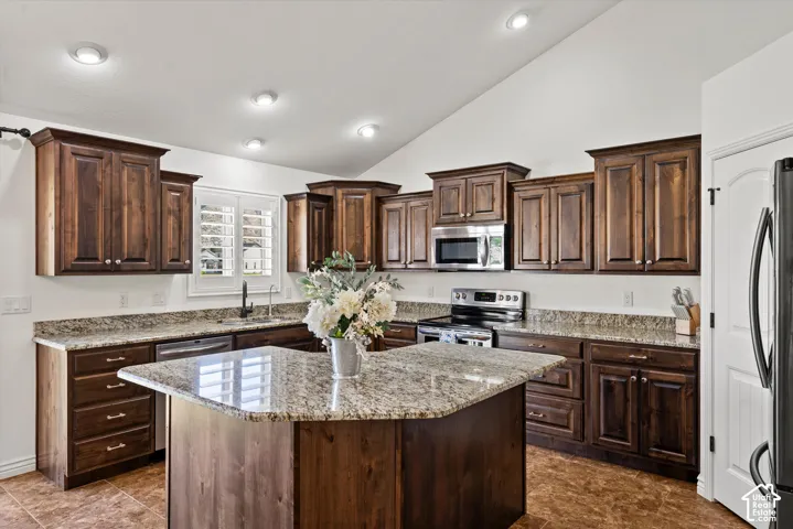 Vaulted ceiling kitchen with wood cabinetry, granite countertops, and stainless steel appliances