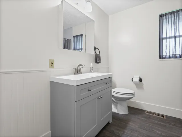 Gray vanity with integrated sink, chrome faucet, medicine cabinet, wood-finish flooring, and wainscoting