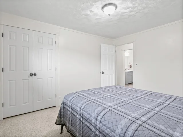 White paneled closet doors, flush mount ceiling light fixture, white interior doors, and light-colored wall-to-wall carpeting