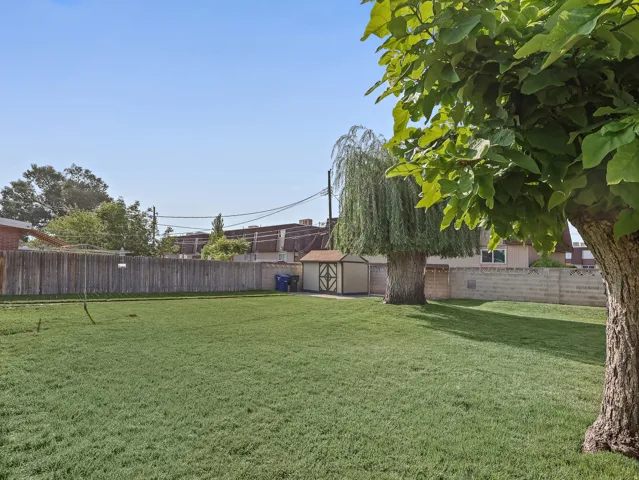 Expansive grass lawn featuring a wood panel fence, mature trees, and a storage shed