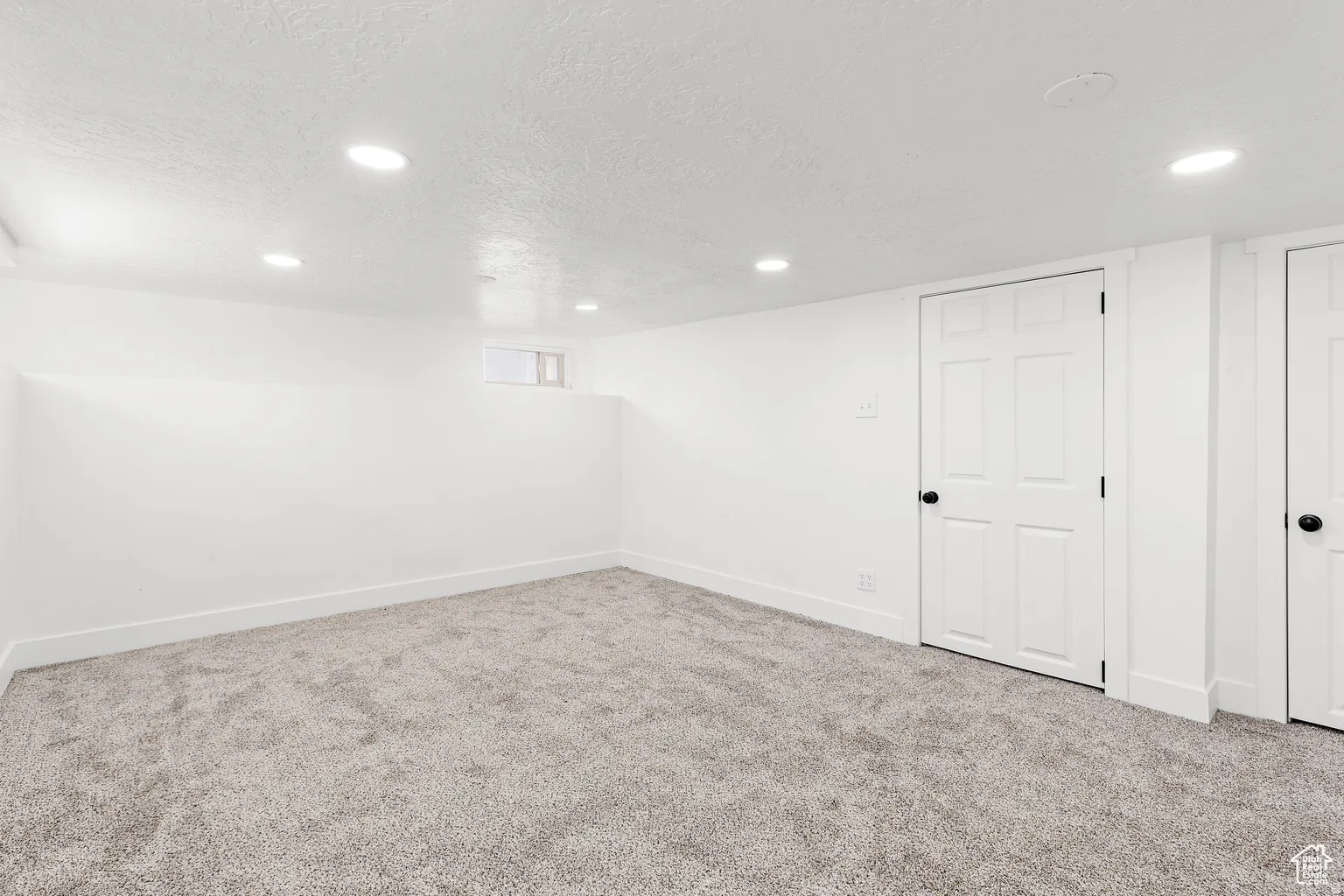 Recessed lighting, plush carpeting, white trim, and a six-panel door