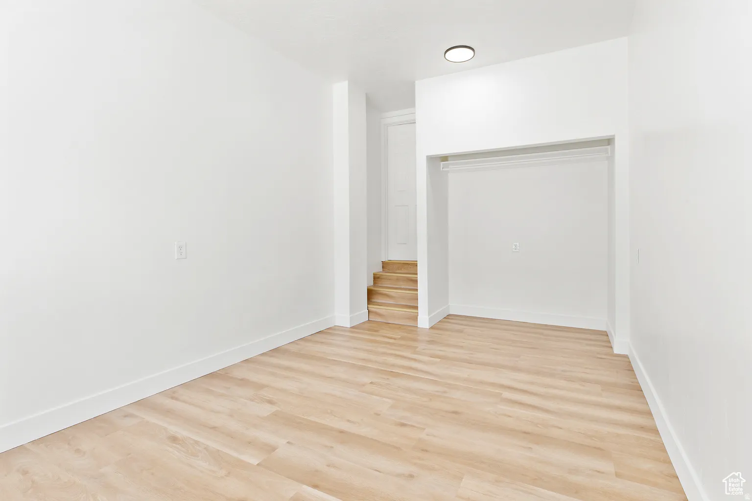 Neutral tone wall finish, wood-finish flooring, built-in open closet, recessed ceiling lighting