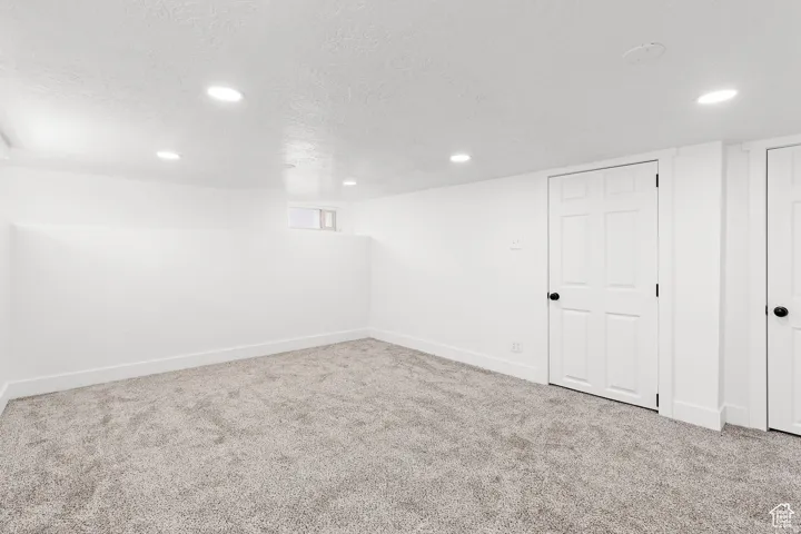 Recessed lighting, plush carpeting, white trim, and a six-panel door