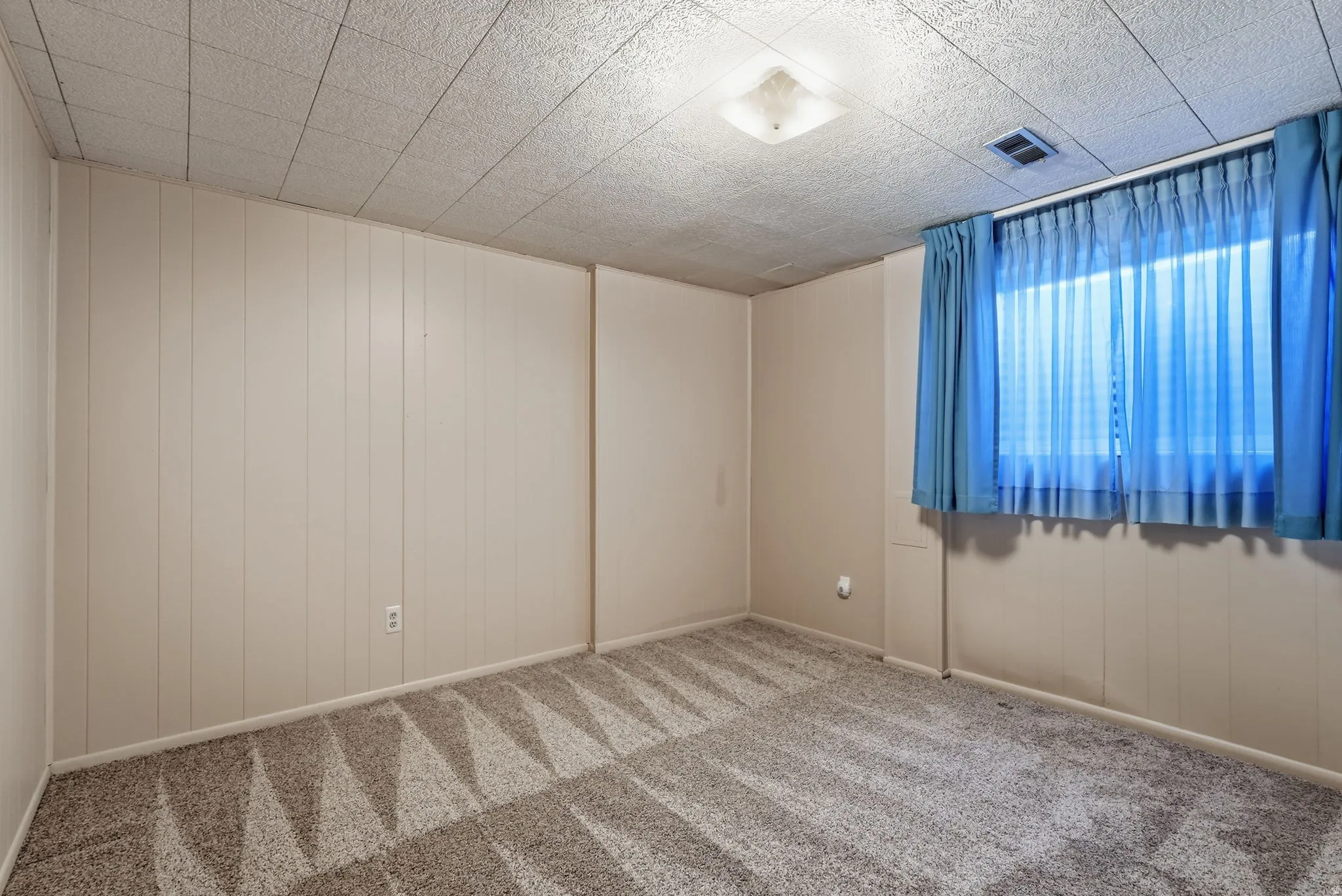 Carpeted room featuring vertical wall paneling, a drop ceiling, and a flush mount light fixture