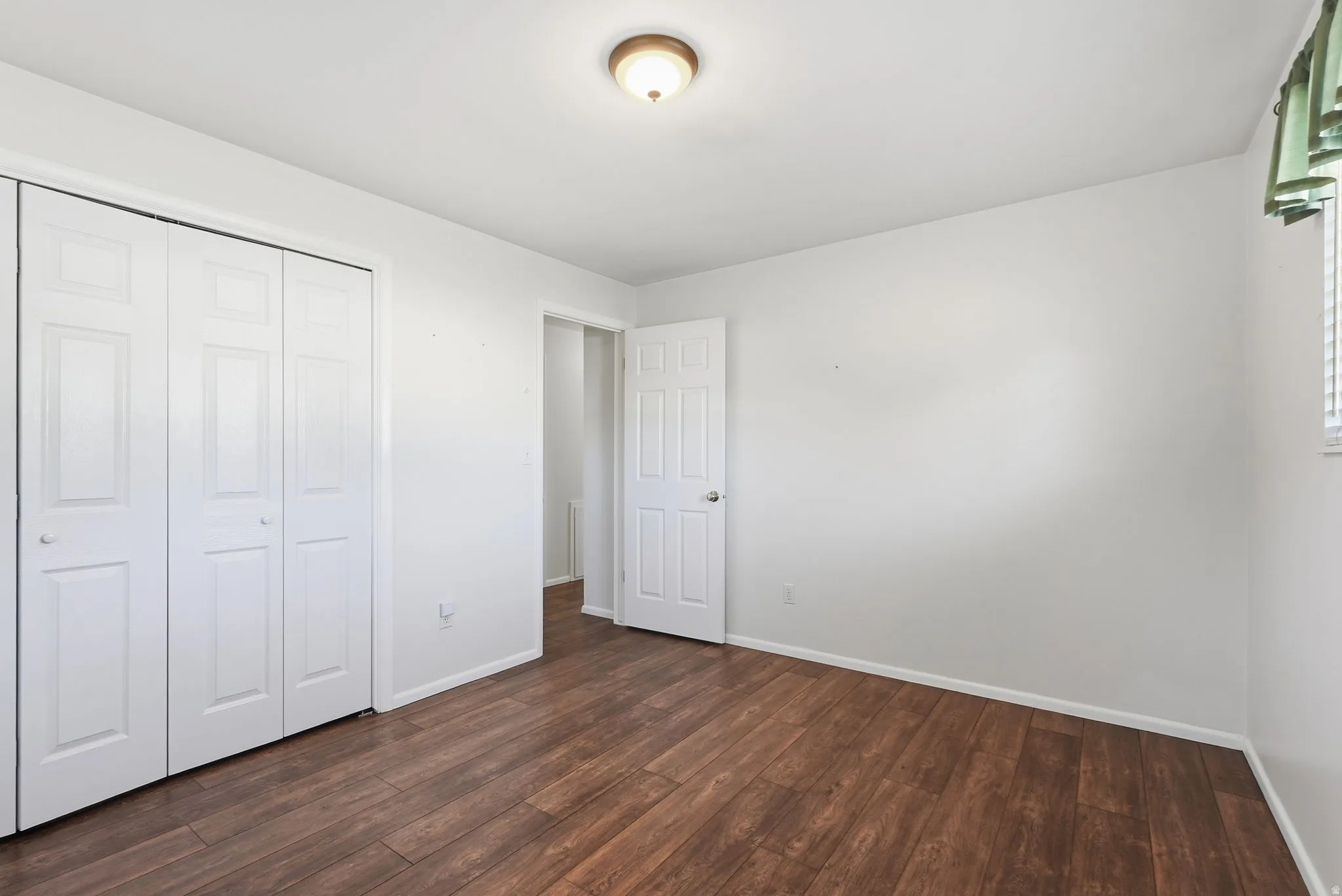 Wood-finish flooring, white walls, and a ceiling-mounted light fixture