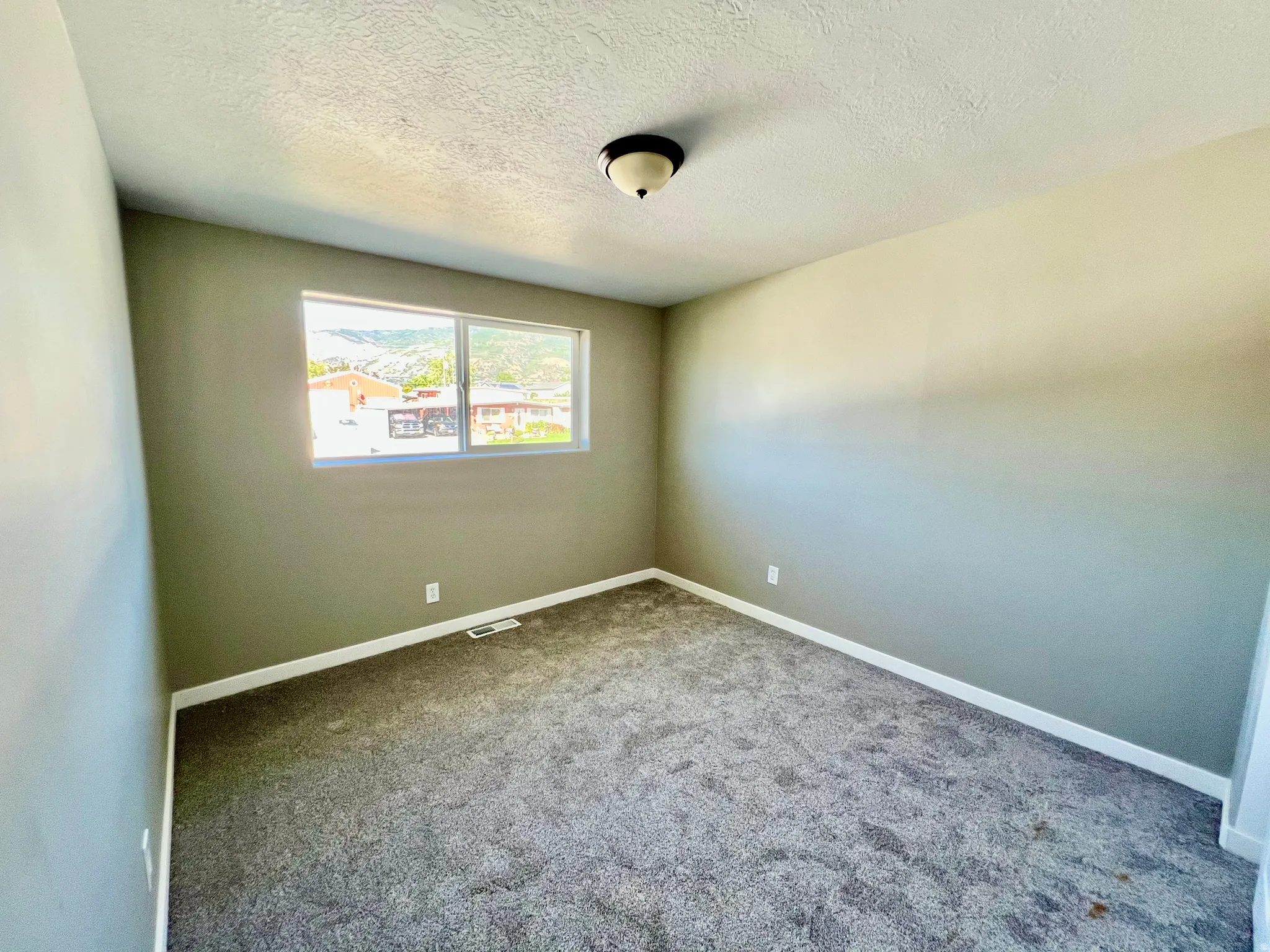 Neutral wall paint, textured ceiling, flush mount lighting, window with mountain scenery, and grey carpeting