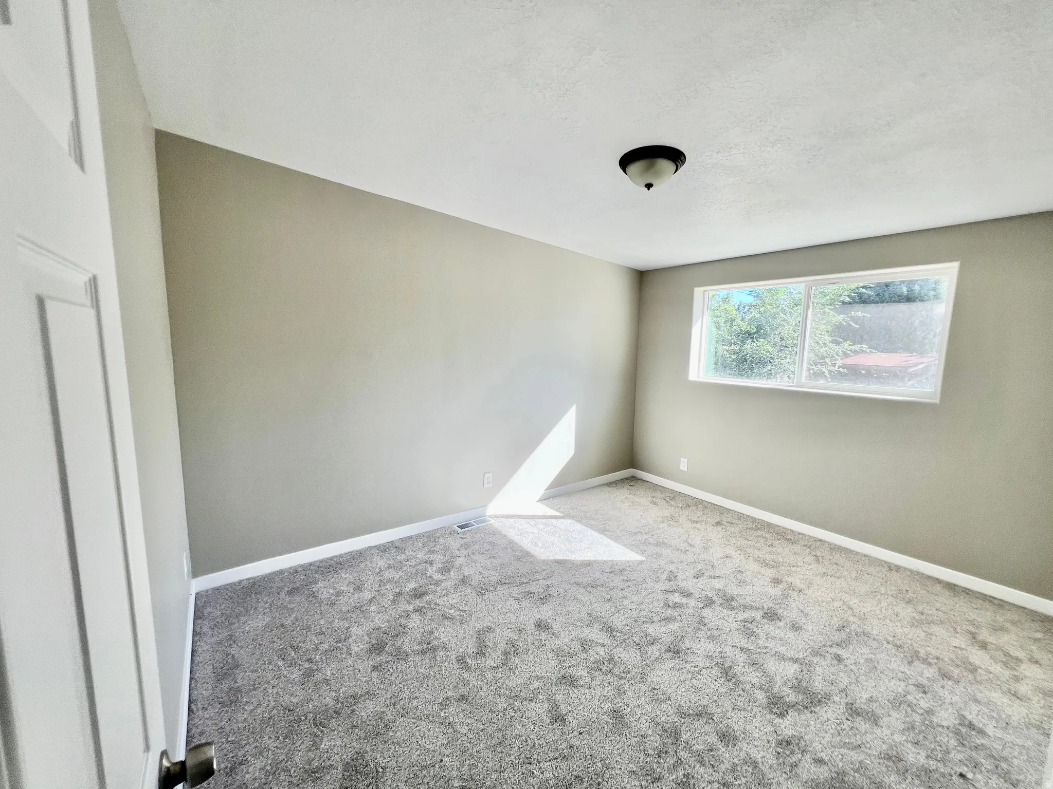Wall-to-wall carpeting, neutral wall finishes, window with white trim, and a ceiling-mounted light fixture