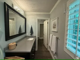 Long vanity with an integrated sink, large framed mirror, vanity light fixture, and wood-finish flooring