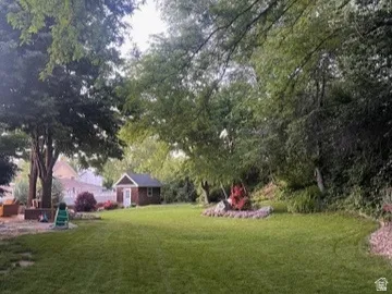Expansive manicured lawn with mature trees, a detached storage shed, Garden area and established landscaping