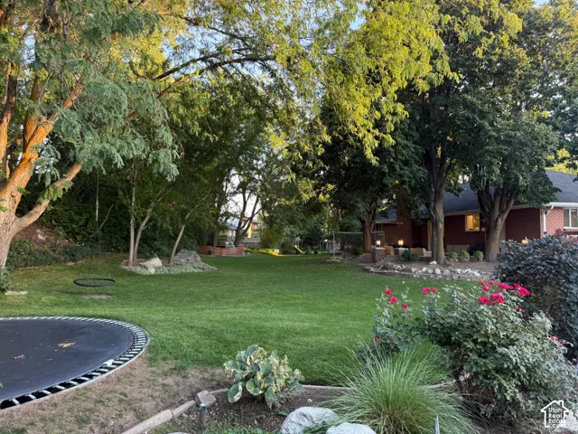 Expansive green lawn surrounded by mature trees, shrubbery, and flowering plants