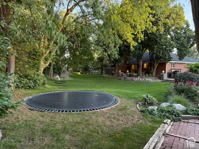Expansive backyard featuring a manicured lawn, mature trees, and a brick patio