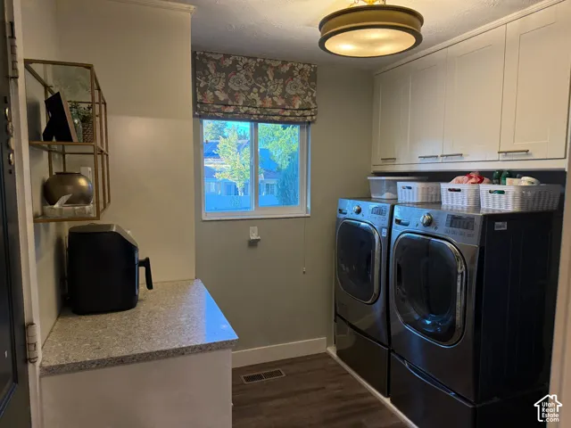 Built-in cabinetry with modern hardware, spacious countertop, and wood-finish flooring