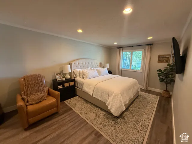 Recessed lighting, crown molding, wood-finish flooring, white window trim, and a wall-mounted television