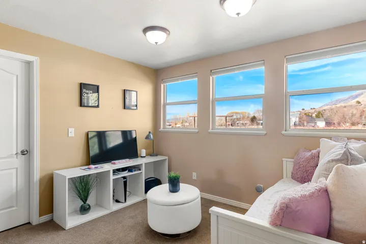 Carpeted room with multiple windows, two flush-mount ceiling lights, and a white paneled door